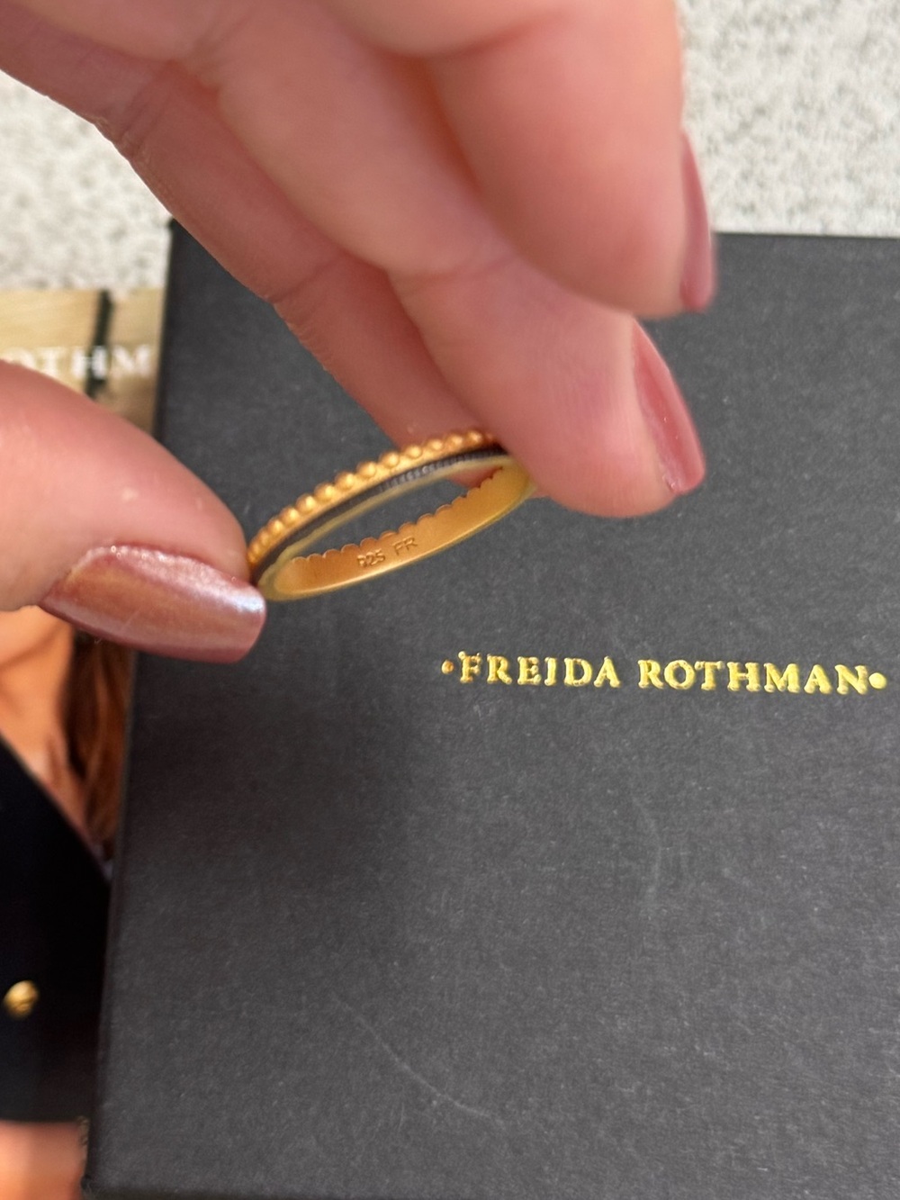 Freida Rothman Matte Gold Beaded Edge Stackable Ring - Picture 3 of 5